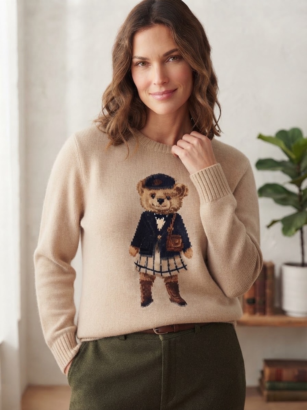Beige Teddy Graphic Crewneck Sweater